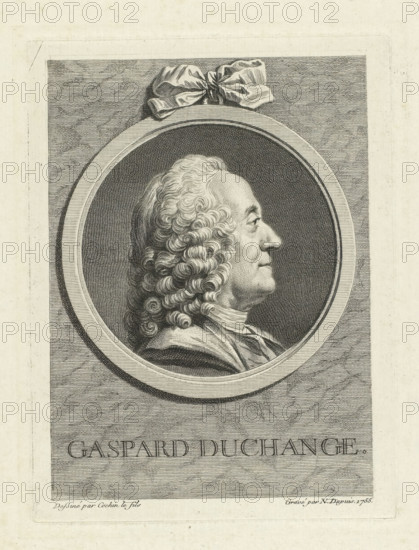 Portrait of Gaspard Duchange, Gaspard Duchange., print, printmaker: Nicolas-Gabriel Dupuis, France, after drawing by Charles Nicolas Cochin (II), 1755, paper, etching, engraving, height 193 mm x width 145 mm, Person, Gaspard Duchange, portrait, self-portrait of graphic artist, ornament, medallion, A detailed engraved portrait of an older man shown in profile facing right, set inside a circular frame with concentric borders; the man has a high forehead, prominent nose, closed lips, and a full head of curled hair that falls in ringlets down to his shoulders, and he wears a draped garment around his neck; above the circular frame a tied ribbon or bow rests on the top edge, and the background surrounding the frame features closely spaced horizontal hatch lines.