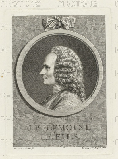 Portrait of Jean-Baptiste Lemoyne, JB Lemoine le fils., print, printmaker: Nicolas-Gabriel Dupuis, France, after drawing by Charles Nicolas Cochin (II), 1755, paper, etching, height 188 mm x width 138 mm, Person, Jean Baptiste Lemoyne (II), portrait, self-portrait of sculptor, ornament, medallion, A monochrome engraved portrait shows a man in profile facing left inside a circular frame with a ribbon tied at the top of the frame; the man has a high forehead, a prominent nose, and a full curled wig with tightly coiled ringlets that fall to his shoulders, and he wears a high-collared garment with visible folds and a button on the chest, all rendered with fine parallel and cross-hatched lines against a textured background.