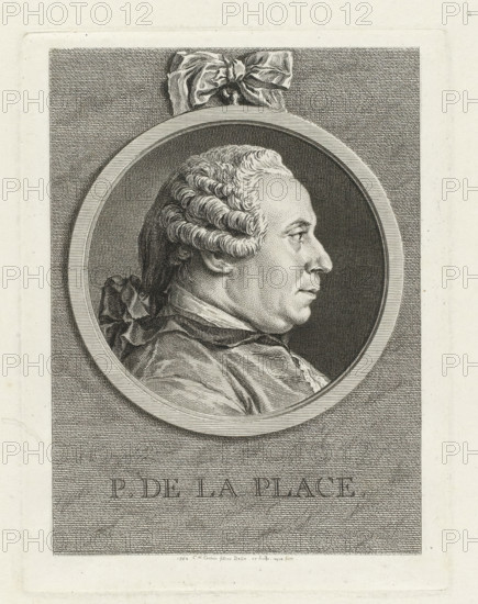 P. De la Place., Portrait of Pierre-Antoine de la Place, print, printmaker: Charles Nicolas Cochin (II), France, 1762, paper, etching, engraving, height 189 mm x width 142 mm, Person, Pierre-Antoine de la Place, historical persons, ornament, medallion, A monochrome engraved portrait shows a man in profile facing right, framed within a circular medallion topped by a tied ribbon. The man wears a styled wig with rolled curls at the sides and a tied ribbon at the back, a high-collared garment with visible folds, and a composed facial expression with a prominent nose and defined jawline. Fine engraved lines create shading across the face, hair, clothing, and the textured background outside the medallion, while the circular frame has concentric banding and the surrounding paper shows a rectangular border and slight discoloration.