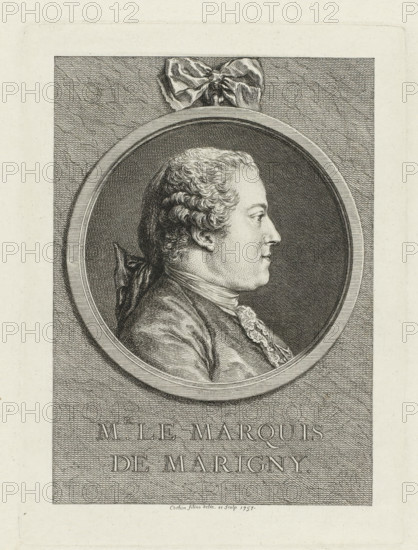 Portrait of Abel François Poisson, Mr. le marquis de Marigny., print, printmaker: Charles Nicolas Cochin (II), France, 1757, paper, etching, engraving, height 196 mm x width 144 mm, Person, Abel François Poisson de Vandières (marquis de Marigny), historical persons, ornament, medallion, An engraved portrait shows a profile view of a man facing right, depicted inside an oval frame with a ribbon tied at the top; the man has waved hair pulled back and tied, a smooth forehead, a straight nose, and a closed mouth, and he wears a jacket with a high collar and a lace cravat, all rendered with fine crosshatching and stippling against a textured background.