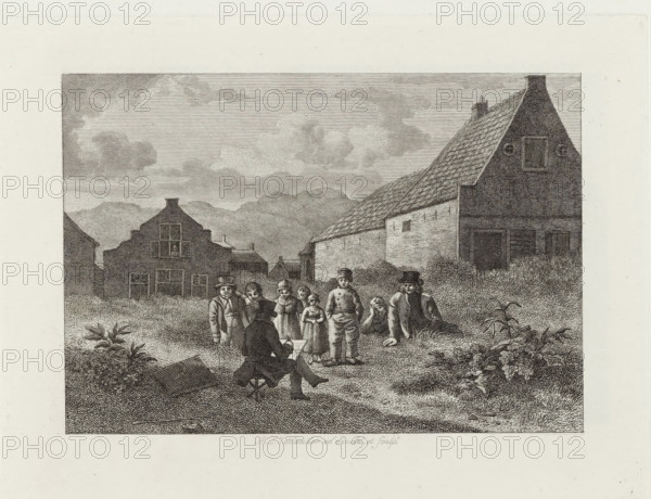 Drawing artist viewed by children, Six landscapes with sculptures drawn from life, print, An artist in a top hat draws seated on a stool in a dune landscape with houses. In front of him, a group of eight watching children., signature: 'AL Zeelander, ad viv: des. et. sculpt.', printmaker: Abraham Lion Zeelander, Amsterdam, 1799 - 1856, paper, etching, engraving, etching and engraving, height 140 mm x width 184 mm, Preserved in original cover., dunes (sea not visible), in the dunes, draughtsman at work - CC - out of doors, child and nature (games and plays), A monochrome etched scene shows a group of people gathered outdoors in front of rural buildings with steep roofs and small windows; a seated figure at the center foreground faces away and appears to be drawing on a board while a cluster of children and a few adults stand and sit nearby on grassy ground with scattered plants; the sky above contains layered clouds and distant low hills, and the buildings include a large gabled structur...