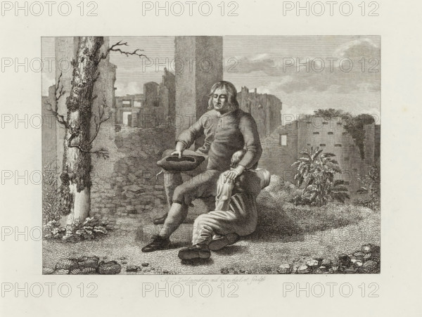 Man with boy in front of ruin, Six landscapes with sculptures drawn from life, print, In front of the ruin of a dilapidated castle sits a man with closed eyes and a hat in his hand. The other hand rests on the shoulder of the boy sitting next to him. To the left stands a tree, partially stripped of bark., signature: 'AL Zeelander, ad viv: des. et. sculpt.', printmaker: Abraham Lion Zeelander, Amsterdam, 1799 - 1856, paper, etching, engraving, etching and engraving, height 140 mm x width 183 mm, Preserved in original cover., landscape with ruins, head-gear: hat (men's clothes), father and child(ren), man and child(ren) (family group), A monochrome etching depicting two seated figures amid ruins, one figure upright with shoulder-length hair and a simple buttoned garment holding a hat, the other slumped with a hand resting on the upright figure's knee and wearing loose trousers, both barefoot or with simple shoes; surrounding them are broken stonework and rubble, a tall textured tree trun...