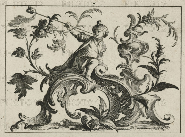 Pipe-smoking man with turban seated on a rococo ornament, Smokers on rococo ornament, print, ornamental print, Series number, 7, 12, printmaker: Johann Esaias Nilson, Augsburg, 1731 - 1788, Bavaria, paper, engraving, etching, height 78 mm x width 104 mm, After the acquisition of the Niemeyer firm by British American Tobacco Group, the latter decided to dispose of the collection of the Niemeyer Tobacco Museum. The manager of the collection, the Northern Maritime Museum, organized open days for museums in January 2011 where they could express their preferences for collection items. The objects were appraised by Christie's staff and subsequently offered for acquisition to interested museums. The Rijksprentenkabinet selected 46 prints from the collection at the value determined by Christie's staff. H. Leeflang, 2011-06-09. Numbers 1-4, 3-8 and 9-12 come from a single plate., pipe, tobacco, A detailed black ink engraving shows an ornate swirling foliate design with layered acanthus-like scr...