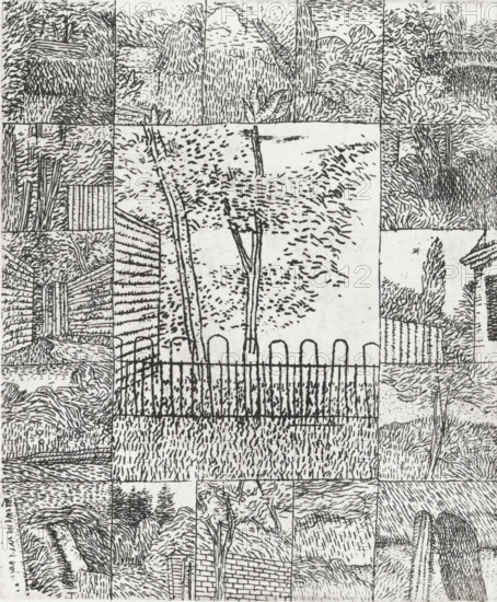 Tree behind small fence, print, Tree behind fence in the center, framed by sixteen equal-sized planes with fragments of a garden., signature and date: 'KEES STOOP '87', printmaker: Kees Stoop (signed by artist), 1987, Kees Stoop, printmaker, paper, etching, height 175 mm x width 157 mm, height 154 mm x width 128 mm, backyard, A black and white drawing composed of a grid of rectangular panels showing various outdoor scenes, with many panels containing trees, grassy textures, and foliage rendered with short, directional strokes; a central panel features two tall, thin tree trunks and a curved row of arch-shaped fence tops above a vertical-bar fence, with dense stippled and dashed marks suggesting leaves and grass; surrounding panels show wooden fences, hedges, clustered shrubs, vertical tree trunks, winding pathways, and layered ground contours, all drawn in a sketchy linear style with varied hatch marks and dots creating texture and tonal variation.