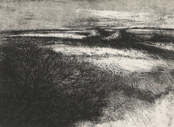Dune landscape, print, Dune landscape with marram grass, the sea on the left on the horizon., signature: 'KEES STOOP', print maker: Kees Stoop (signed by artist), c. 1975 - c. 1976, printmaker, paper, etching, aquatint, etching and aquatint, height 130 mm x width 170 mm, height 110 mm x width 145 mm, dunes (sea not visible), in the dunes, A monochrome textured scene showing dense, tangled dark brushstrokes forming a thicket in the lower left and middle, with layered horizontal strokes and smudges across the middle and upper areas suggesting distant, lighter bands. The image features heavy, fine-line marks that create wispy, grasslike textures and overlapping dark masses, contrasted with lighter, grainy areas and streaked highlights. The overall appearance is rough and sketchlike, with varied densities of black and gray marks against a pale background.