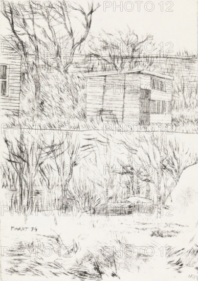 Garden house, print, Two images, the upper one showing a garden house and the lower one a canopy between trees., date: 'MARCH 74', signature: 'KEES STOOP', printmaker: Kees Stoop (signed by artist), 1974-03, paper, drypoint, height 230 mm x width 133 mm, height 158 mm x width 110 mm, garden buildings, A monochrome sketch showing a landscape with leafless trees and tall grasses, a simple rectangular wooden structure with horizontal siding and a slanted roof, a portion of a building with a visible window at the edge, clusters of bare branches filling the foreground and background, and textured ground areas with scattered tufts of vegetation.