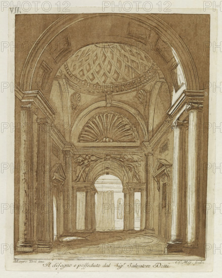 Interior with a dome vault, Raccolta di dissegni originali di Mauro Tesi, print, album page, Print is part of an album., printmaker: Cesare Massimiliano Gini, after drawing by Mauro Antonio Tesi, publisher: Lodovico Inig, Bologna, 1787, paper, etching, aquatint, etching and aquatint in brown, height 203 mm x width 161 mm, height 414 mm x width 289 mm, interior of church, A sepia-toned architectural interior drawing showing a vaulted space with a patterned dome and large archways, flanked by tall fluted columns with capitals and entablatures, decorative shell-like semicircular niches above arches, sculptural reliefs in the spandrels, a coffered ceiling section, a patterned floor with oval motifs, narrow curtain-like panels hanging in the far arch, and framed niches with standing figures visible beyond the central arch.