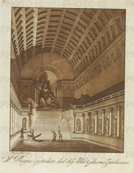 Interior with stairs to an apse with seated male sculpture, Raccolta di dissegni originali di Mauro Tesi, print, album page, Print is part of an album., after drawing by Mauro Antonio Tesi, publisher: Lodovico Inig, Bologna, 1787, printmaker, paper, etching, aquatint, etching and aquatint in brown, height 244 mm x width 185 mm, height 414 mm x width 289 mm, piece of sculpture, reproduction of a piece of sculpture, interior of church, An interior scene showing a grand, high vaulted ceiling with a patterned coffered design and an ornate cornice, a large central arch framing a seated sculptural figure holding a staff and a wreath, broad steps leading down from the arch to a patterned floor, flanked on both sides by rows of columns set into niches each containing standing statues, small human figures on the steps and near the floor engaged in various poses, decorative garlands along the upper walls, and detailed architectural moldings and balustrades.