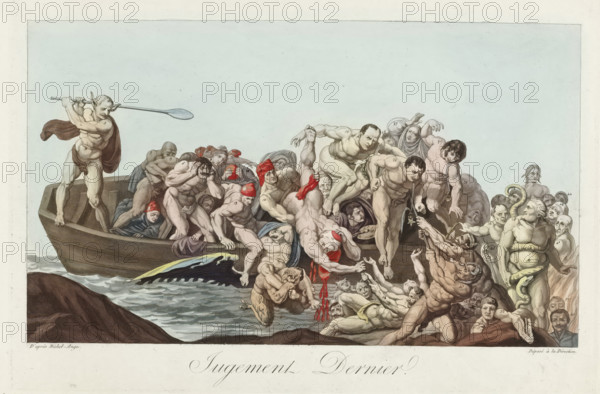 Jugement Dernier, The Last Judgment, print, Allegory on the downfall of the French Revolution and the fall of Napoleon inspired by Michelangelo's 'Last Judgment' incorporating forty-nine characters from administrative, political, and artistic life. The figures are numbered in pen corresponding to an accompanying legend with a partly printed, partly handwritten list of names. The depicted figures include 'Bonaparte', 'Murat', 'Fesch Cardinal', and 'Hortense ex-reine de Hollande', after painting by Michelangelo, Vatican City, publisher: attributed to Vallardi, c. 1815, Michelangelo, Vallardi, printmaker, after painting by, publisher, Attributed to, paper, etching, aquatint, hand coloring, etching and aquatint colored in yellow, blue and red, height 338 mm x width 523 mm x height 242 mm x width 97 mm, height 260 mm x width 378 mm x height 302 mm x width 114 mm, Person, Hortense Eugénie de Beauharnais (Queen of Holland), Napoleon I (Emperor of the French), Joseph Fesch, Last Judgement, Nap...