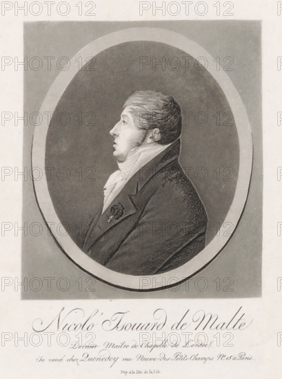 Portrait of Nicolas Isouard, print, : 'Dép. a la Dir. de la Lib.', publisher: Edme Quenedey, Paris, c. 1780 - c. 1830, printmaker, paper, aquatint, etching, aquatint and etching, height 249 mm x width 190 mm, Person, Nicolas Isouard, historical persons, portrait of composer, A grayscale portrait of a man shown in profile facing left within an oval frame, wearing a dark coat with a high collar and a light cravat around his neck, his hair is short and combed back with visible sideburns, his facial features include a prominent nose and closed lips, the oval is set against a darker rectangular background and the image has a textured, slightly grainy appearance.