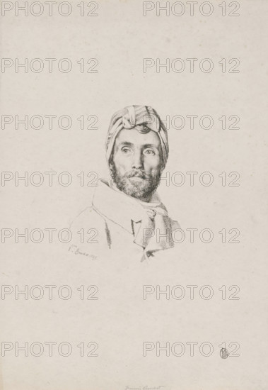 Portrait of the artist Pierre Narcisse Guérin, print, number: 'rfc 17315', number: '9-45', printmaker: François Bouchot, Paris, 1825, paper, lithography, height 318 mm x width 232 mm, Person, Pierre Narcisse Guérin, portrait, self-portrait of artist, A pencil portrait of a bearded man shown from the shoulders up, wearing a wrapped headscarf with folds and a knot at the front, his gaze directed slightly to the side; he has defined facial features with shaded cheeks and a trimmed beard, and he is dressed in a coat with a high collar and a loosely tied scarf around his neck, all rendered on a pale, textured background with faint paper speckling.