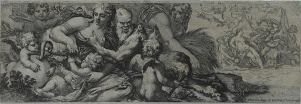 Faun with bacchante and putti, print, collector's mark: 'JJS', printmaker: attributed to Michel Dorigny, France, after design by Zacharie Heince, after painting by Zacharie Heince, grantor of privilege: French crown, 1626 - 1665, Michel Dorigny, Zacharie Heince, French crown, printmaker, after design by, after painting by, provider of privilege, Attributed to, paper, etching, etching on blue paper, height 129 mm, width 379 mm, cupids: 'amores', 'amoretti', 'putti', satyrs, fauns, Sileni, maenad(s), female bacchant(es), A wide horizontal engraving showing a group of mythological figures and putti clustered across a watery foreground, with a bearded older man at the center surrounded by reclining and leaning women and several winged infants; one cherub rests on a large rounded object on the left while others play with flowing drapery and garlands, a child with small wings holds a torch toward the right foreground, and a reclining female figure with long hair sits on the back of a large f...