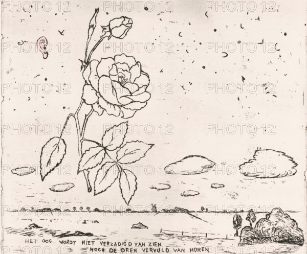 The eye is not saturated with seeing, nor the ears filled with hearing, print, Representation of a landscape with a mill in the background, a rose and an ear in the upper left., signature: 'p. holstein', inscription: 'THE EYE IS NOT SATISFYED WITH SEEING, NOR THE EARS FILLED WITH HEARING', inscription: '75, 150', printmaker: Pieter Holstein (signed by artist), c. 1960 - in or before 1971, paint (coating), watercolor (paint), materials by function, paper, ink, gouache (paint), etching, drypoint, intaglio printmaking technique, drypoint and plate tone with hand color, height 249 mm x width 293 mm, height 497 mm x width 647 mm, landscapes, flowers: rose, ears, A large hand-drawn rose with a bud on a slender stem dominates the left side, its layered petals and central stamens outlined in dark ink, accompanied by detailed serrated leaves and a secondary bud above; floating cloud-like shapes are scattered across the middle area, and a tiny stylized ear colored pale pink appears near the uppe...