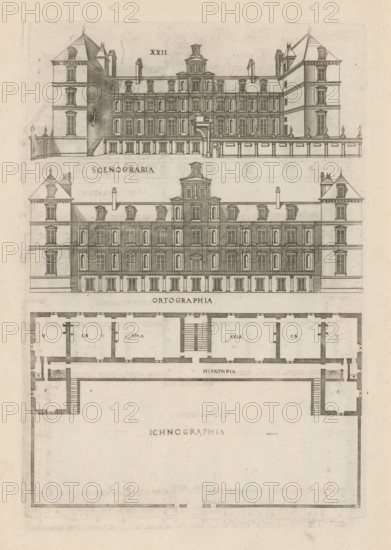 Front and rear facade and floor plan, ornament print, Front and rear facade and floor plan. View and plan of architecture. Numbered: XXII. Part of 'De architectura Iacobi Androuetii du Cerceau' (1559): 69 etchings with 171 representations of architecture and ornamentation., printmaker: Jacques Androuet, Paris, 1559, printer (person), paper, etching, ets, height 270 mm x width 190 mm, height 410 mm x width 275 mm, facade (or house or building), plan, architecture, A vertically oriented architectural engraving showing two detailed front elevations of a multi-story building with symmetrical façades, steeply pitched roofs, dormer windows, chimneys, and corner pavilions, each elevation featuring rows of regularly spaced rectangular windows and decorative cornices; between the elevations is a horizontal band with a centralized taller pavilion element; below the elevations is a floor plan with interior rooms, staircases, and corridors depicted by thickened walls and hatch shading, all rendere...