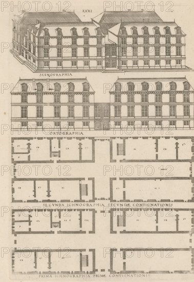 Bird's-eye view, facade and floor plans, ornament print, Building in a bird's-eye perspective, facade and two floor plans. View and plan of architecture. Numbered: XXXI. Part of 'De architectura Iacobi Androuetii du Cerceau' (1559): 69 etchings with 171 representations of architecture and ornamentation., printmaker: Jacques Androuet, Paris, 1559, printer (person), paper, etching, ets, height 270 mm x width 190 mm, height 410 mm x width 275 mm, architectural design or model, facade (or house or building), section, A sepia-toned architectural engraving showing two elevation views of a multi-story classical building with a pitched roof and dormer windows, followed below by detailed floorplans with thick exterior walls and internal partitions, staircases, and small labeled rooms. The top elevation displays a perspective view of the building's facades, cornices, evenly spaced rectangular windows, and a central recessed entrance area flanked by wings. Below that, a frontal elevation shows sy...