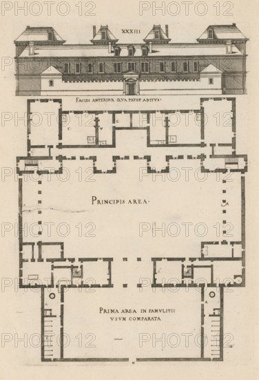 Front facade and floor plan, ornament print, Front facade and floor plan. View and plan of architecture. Numbered: XXXIII. Part of 'De architectura Iacobi Androuetii du Cerceau' (1559): 69 etchings with 171 representations of architecture and ornamentation., printmaker: Jacques Androuet, Paris, 1559, printer (person), paper, etching, ets, height 270 mm x width 190 mm, height 410 mm x width 275 mm, facade (or house or building), plan, architecture, An architectural drawing shows the facade of a multi-story building with a central entrance topped by a small pediment and flanked by rows of rectangular windows and roof dormers, above a detailed floor plan with thick exterior walls, internal partitioned rooms, corridors, staircases, and a large central open courtyard framed by colonnade-like square markings; the sheet has a uniform aged paper tone and fine ink hatching used for shading and texture.