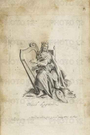 King David playing the harp, David Profugus, David disgracié, print, album page, title page, Series number, 1, 6, King David sits on a throne and plays the harp., inscription: '73', printmaker: Michel van Lochom, Paris, grantor of privilege: Louis XIII (King of France), grantor of privilege: Louis XIV (King of France), 1625 - 1647, paper, engraving, paste, pasted on album page, height 100 mm x width 70 mm, David (not in biblical context), possible attributes: crown, harp, A detailed ink engraving of a seated crowned man playing a large ornate harp, wearing a patterned robe and cloak with flowing hair and a beard, seated on a cushioned chair placed on a textured ground, with visible shading and fine line work on a worn, aged paper background.