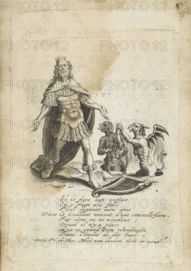 David and two hellish monsters, David Profugus, David disgracié, print, album page, Series number, 5, 6, Two monsters emerge from the ground, with a dog's and a chicken's head, wanting to chain David. David's harp lies on the ground. Below the image, eight lines of text in French., inscription: '75', printmaker: Michel van Lochom, Paris, publisher: Michel van Lochom, grantor of privilege: Louis XIII (King of France), grantor of privilege: Louis XIV (King of France), 1625 - 1647, Michel van Lochom, Louis XIII (King of France), Louis XIV (King of France), printmaker, publisher, paper, engraving, paste, pasted on album page, height 104 mm x width 71 mm, story of David, A monochrome engraving on aged paper shows a bearded man wearing a crown and a flowing cape over a decorative short tunic and sandals, standing with one arm slightly extended and the other held out to the side; his torso is muscular and his hair is wavy. To his right, a dog-headed figure sits upright holding a heavy chain, ...