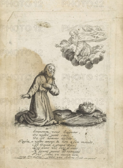 David as a penitent, David Profugus, David disgracié, print, album page, Series number, 6, As a penitent, David kneels before God in the clouds. Before David lie his crown and harp., inscription: '76', printmaker: Michel van Lochom, Paris, grantor of privilege: Louis XIII (King of France), grantor of privilege: Louis XIV (King of France), 1625 - 1647, paper, engraving, paste, pasted on album page, height 103 mm x width 69 mm, story of David, A black and white engraving shows a bearded man kneeling on the ground with one hand on his chest and the other extended outward, wearing a long robe with folds pooled around him on grassy ground; above him, an older bearded figure appears seated on a cluster of clouds, draped in flowing robes and reaching a hand downward; nearby on the ground is an open wooden coffin with a spiked crown resting beside it and tufts of grass around the scene; the paper has visible age marks, stains, and a bordered rectangular frame around the image.