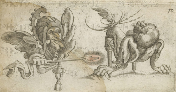 Two grotesques, print, album page, Series number, 12, Two grotesques. The one on the left with helmet, wings, and burning torch. The second monster is making a little bridge backwards. He has arms like lion's paws and two wooden legs. A cricket-like figure sits on his knee. Numbered top right: 12., inscription: '24', 1576 - 1650, printmaker, paper, engraving, paste, pasted on album page, height 78 mm x width 146 mm, ornament, grotesque, A detailed ink drawing on aged paper shows a grotesque winged figure on the left with a bearded, smiling face framed by layered, petal-like shapes and a tall ornate headpiece with rounded knobs; the figure’s hands extend forward holding a long rod tipped with a glowing, radiating flame. On the right a contorted creature with a human-like head thrown back and a bearded chin rests on elongated, winged limbs and paw-like feet supported on peg-like posts; a delicate insect with long antennae and winged appendages hovers near the creature’s raised hand. The ...