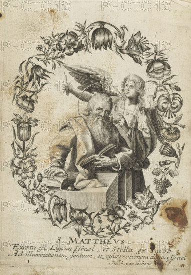 Evangelist Matthew, St. Matthew, Four evangelists, print, album page, Series number, 1, 4, The evangelist Matthew with a book in his hands and an angel at his side. In a floral frame. Four lines of text below the image, in Latin., inscription: ', (?)', printmaker: Michel van Lochom (possibly), 1611 - 1647, paper, engraving, paste, pasted on album page, height 123 mm x width 87 mm, the apostle and evangelist Matthew (Mattheus), possible attributes: angel, axe, book, halberd, pen and inkhorn, purse, scroll, square, sword, A detailed black and white engraving shows an older bearded man seated at a desk holding an open book and resting one hand on papers, a halo encircling his head; behind him stands a youthful winged figure holding a small lit candle and looking slightly upward, a faint halo around the younger figure as well. The central figures are framed by an ornate oval border of various large, stylized flowers, buds, leaves, and a small cluster of grapes, with decorative floral eleme...