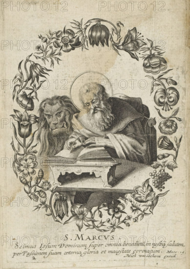 St. Mark, Evangelist Mark, Four evangelists, print, album page, Series number, 2, 4, The evangelist Mark, writing at a table. Behind him, next to him, his attribute, the lion. In a frame of flowers. Two lines of text below the image, in Latin., inscription: ', (?)', printmaker: Michel van Lochom (possibly), 1611 - 1647, paper, engraving, paste, pasted on album page, height 130 mm x width 91 mm, St. Mark the evangelist writing the Gospel, usually a (winged) lion present, An aged engraving shows an elderly bearded man with a halo leaning over an open book and writing with a quill while a lion with a flowing mane rests beside him; they are framed by an ornate oval border of detailed flowers, leaves, and buds with clusters of grapes, and a carved table or lectern supports the open book.