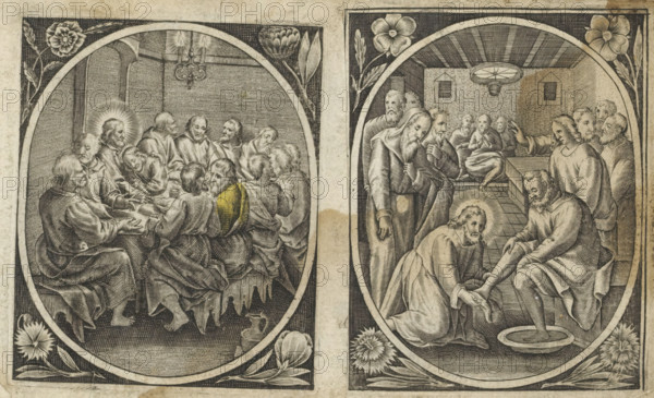Last Supper, Passion of Christ, print, album page, Christ and his disciples around a table. Christ sits in the middle and John leans against him. Oval within a rectangular frame, a flower in each corner., inscription: '87', after print by Hieronymus Wierix, publisher: N. de Macli (possibly), 1576 - 1650, Hieronymus Wierix, printmaker, after print by, paper, engraving, paste, pasted on album page, height 80 mm x width 67 mm, Last Supper (in general) (Matthew 26:21-35, Mark 14:18-31, Luke 22:3, 22:15-23, John 13:21-38), An engraved double panel shows oval scenes framed with floral corners and a rectangular border. The left oval depicts a group of men seated closely around a table in an interior with a chandelier overhead; one man has a radiant halo behind his head and others lean toward each other with varied expressions and postures as hands reach across the table and a small vessel sits on the floor near the bench. The right oval shows an interior where a man with a radiant halo kneels...