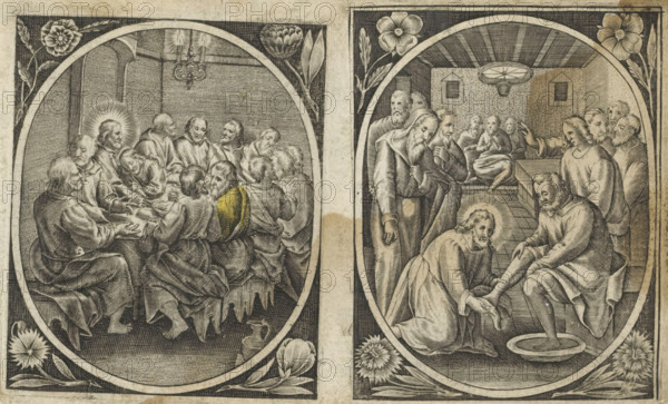Washing of Peter's Feet, Passion of Christ, print, album page, Christ kneels before the apostle Peter and washes his feet. Oval within a rectangular frame, a flower in each corner., inscription: '87', publisher: N. de Macli (possibly), 1576 - 1650, N. de Macli, printmaker, publisher, paper, engraving, paste, pasted on album page, height 83 mm x width 66 mm, Christ washes Peter's feet, Two oval scenes side by side framed by floral borders occupy the image, each showing groups of robed men in an interior setting rendered in fine engraved lines; the left oval depicts a long table around which men sit closely, one figure with a radiant halo above his head and another wearing a garment with a darker shaded shoulder, a chandelier hangs overhead and a pitcher rests on the floor beneath the table; the right oval shows a kneeling haloed figure washing the feet of a seated man with other men standing and watching behind them, a basin on the floor in front of the kneeling figure and a circular ce...