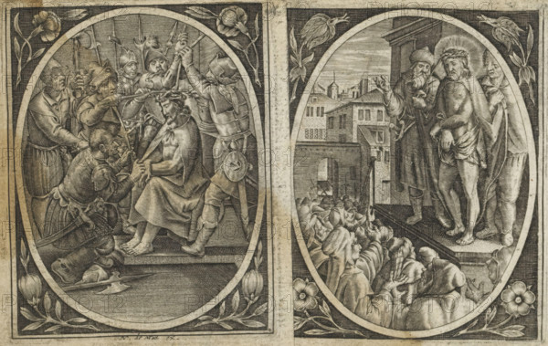 Christ shown to the people, Passion of Christ, print, album page, Pontius Pilate shows the handcuffed Christ to the Jewish people after his scourging. The people cry for his crucifixion. Oval within a rectangular frame, a flower in each corner., inscription: '88', after print by Hieronymus Wierix, publisher: N. de Macli (possibly), 1576 - 1650, Hieronymus Wierix, printmaker, after print by, paper, engraving, pasting, pasted on album page, height 86 mm x width 68 mm, Pilate showing Christ to the people, 'Ostentatio Christi', 'Ecce Homo' (John 19:4-6), A detailed black and white engraving divided into two adjacent oval scenes within a rectangular frame, each oval bordered by floral motifs. In the left oval a seated bearded man wearing a cloak and simple garment is surrounded by armored soldiers and men in varied headgear; one soldier kneels before him while others stand, some grasping poles or spears, and one appears to press an object against the seated man’s head. The figures show text...
