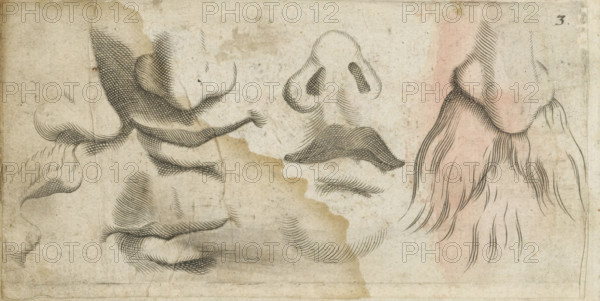 Four noses and five mouths, print, album page, Series number, 3, Four noses and five mouths. On the right a moustache and a beard. Numbered top right: 3., inscription: '15', 1576 - 1650, printmaker, paper, engraving, paste, pasted on album page, height 77 mm x width 147 mm, parts of the face: nose, mouth, parts of the face: lips, A worn, stained sheet with several black ink line drawings of noses and surrounding facial contours, showing cross-hatched shading and flowing curved strokes; one large profile nose on the left with dense hatch marks and textured shadowing, a frontal nose near the center with curved lines indicating nostrils and a shaded philtrum, a variety of smaller nose studies and separate shaded lips and brow shapes scattered around the page, and a right-side drawing with longer flowing lines resembling hair or a beard rendered in thinner strokes with a faint reddish wash beneath; the background shows paper discoloration, water stains, creases, and slight smudging.
