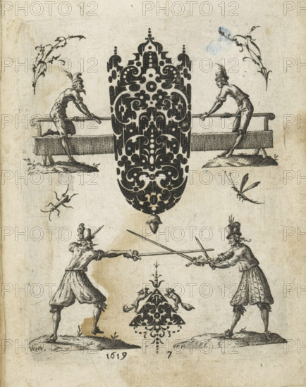 Black ornaments in the shape of a pendant and a triangle, Black ornaments, print, album page, ornamental print, Series number, 7, Two black ornaments in the shape of a pendant and a triangle. Along with them two men at a planing bench (?), two swordsmen, two insects and two squirrels. Numbered 7. in the center bottom, inscription: '66', printmaker: Jean Toutin, Châteaudun, 1619, paper, engraving, paste, pasted on album page, height 103 mm x width 79 mm, ornaments, art, fighting contest (sport), rodents: squirrel, A vertical page showing ink illustrations on aged paper with ornamental black designs and human figures; near the top center a large symmetrical ornamental motif with rounded and curving shapes sits above a small acorn-like pendant, flanked at left and right by decorative floral sprigs and two men leaning on a horizontal beam that rests on simple supports; below the central motif two combatants face each other in fencing stances, each holding a sword with crossed blades, weari...