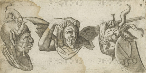 Two devilish figures and a goat with a sword, print, album page, Series number, 11, Two devilish figures and a goat. Both figures have horns. A cat sits on the head of the one on the left. The other has wings. The goat with a shield and a raised sword. Numbered top right: 11., inscription: '23', 1576 - 1650, printmaker, paper, engraving, paste, pasted on album page, height 78 mm x width 148 mm, goat, devil(s) and demons, ornament, grotesque, Three stylized heads face one another across a pale textured background, each rendered with fine engraved lines and shading. On the left is a grotesque humanoid face with exaggerated nose and chin, elongated ears, a rounded caplike headpiece, and a small catlike creature perched atop the headpiece. In the center is a contorted human face with wide open mouth and furrowed brow, hands pulling at a hood or drapery around the head, and a pair of winglike forms extending from the shoulders. On the right is an animallike head with curving twisted horns, ...