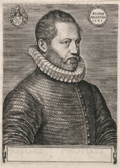 Portrait of Filips van Marnix van Sint-Aldegonde, print, One of three portraits mounted on an 18th-century(?) album page., printmaker: Johannes Wierix, 1581, paper, engraving, proof print, height 130 mm x width 94 mm, A black and white engraved portrait of a man shown from the chest up in three-quarter profile facing right, wearing a high ruffled collar and ornate patterned armor with a row of buttons down the front, his hair short and curly and his face framed by a close beard and mustache, a coat of arms with decorative mantling appears near the top left and a circular laurel-wreathed cartouche appears near the top right, the background consists of horizontal engraved lines and a blank rectangular cartouche occupies the lower portion of the image.