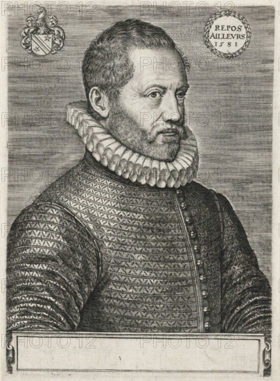 Jan van Gorp (Becanus), print, One of three portraits mounted on an 18th-century(?) album page., printmaker: Johannes Wierix, 1580, paper, engraving, height 248 mm x width 169 mm, Person, Johannes Goropius Becanus, historical persons, A black and white engraved portrait shows a man in a three-quarter view from the chest up wearing a textured doublet with patterned sleeves and a buttoned front, and a large pleated ruff collar; he has short, curly hair, a trimmed beard and mustache, and a composed facial expression with visible lines around the eyes; the background is filled with horizontal hatch lines and contains a decorative roundel and an ornate heraldic shield near the top corners, with an empty rectangular cartouche along the bottom.