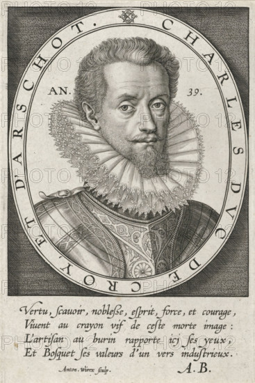 Portrait of Charles de Croy, Duke of Aarschot, print, One of three portraits mounted on an 18th-century(?) album page., printmaker: Antonie Wierix (II), 1599, paper, engraving, gravure, height 248 mm x width 169 mm, Person, Karel III van Croÿ (Duke of Aarschot), historical persons, A finely detailed black and white engraved portrait shows a man from the chest up inside an oval frame, wearing an elaborate pleated ruff collar and richly patterned armor with decorative etching; he has wavy hair, a trimmed mustache and beard, and a composed facial expression with eyes looking slightly to one side, set against a shaded background with crosshatching and an outer border surrounding the oval.