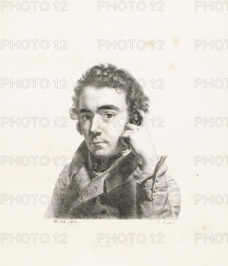 Self-portrait, print, number: '02', annotation: 'imprimé à Paris', printmaker: Jean-Baptiste Chometon, Lyon, Paris, 1819, printer (person), paper, lithography, height 321 mm x width 253 mm, Person, portrait, self-portrait of graphic artist, A monochrome portrait of a man shown from the chest up against a pale background, with curly hair, dark eyebrows, and a neutral facial expression, his head slightly tilted and one hand resting near his cheek, wearing a high-collared coat and a scarf or cravat, rendered with fine shading and textured pencil or charcoal strokes.
