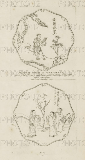 Ni K'uan of the Han Dynasty, T'ien Chên and his two brothers, Picturae Sinicae Ac Surattenae, Vasis Tabellisque exhibitae, Admiranda, colligente Petro Schenkio cum privil: Amstelaed: 1702, print, album page, ornamental print, title print, Series number, 1, 12, Center below the serial number 13. Print is part of an album., printmaker: Pieter Schenk (I), Amsterdam, after print by anonymous, 1702, after print by, paper, etching, height 268 mm x width 119 mm, Chinese, A vertical print with two framed scene panels separated by a horizontal divider, each panel enclosed by an ornate border. In the top panel a single figure stands on a rocky ledge holding a rectangular object and a long stick, wearing patterned clothing and footwear, with a stylized tree branch overhead and a small angular tree growing from the ground nearby. In the bottom panel three figures stand around a leafless tree on a paved surface, two of them wearing flowing robes with their hands partially raised and one wearing pat...