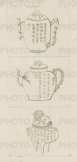 Two teapots and an incense burner, Picturae Sinicae Ac Surattenae, Vasis Tabellisque exhibitae, Admiranda, colligente Petro Schenkio cum privil: Amstelaed: 1702, print, album page, ornamental print, Series number, 12, Above a teapot with the biography of Ni K'uan. In the middle a teapot with the biography of Fêng Mêng. Below an incense burner with the story of T'ien Chên and his brothers. Print is part of an album., printmaker: Pieter Schenk (I), Amsterdam, after print by anonymous, 1702, after print by, paper, etching, height 270 mm x width 115 mm, tea-pot, samovar, A vertical sheet with three horizontal sections containing line drawings of decorative objects on a light, slightly speckled background; the top section shows a rounded teapot with a scalloped lid topped by a curled animal figure, a bamboo-like spout and handle, and a cluster of small berries on one side; the middle section shows a wider teapot with a floral knob on its lid, a bamboo-style spout with leaves, and an ornate ...