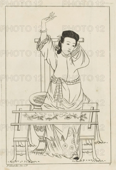 Chinese woman behind an embroidery frame, Chinese women, flowers and birds, print, album page, ornamental print, Series number, 1, 12, Print is part of an album., printmaker: Pieter Schenk (II) (possibly), Amsterdam, after print by anonymous (possibly), 1727 - 1775, unknown, after print by, grantor of privilege, paper, etching, height 245 mm x width 170 mm, Chinese (costume), embroidering, textile industry, A line drawing of a seated woman wearing flowing patterned robes and a sash, shown from the knees up on a decorative bench; she has an ornate hairstyle and a calm facial expression, one arm raised above her head with fingers extended and the other bent with her hand near her ear, floral patterns appear on her sleeve cuffs and skirt, a round low table with a patterned top is beside her, and carved legs and a floral frieze decorate the bench and surrounding furniture, all enclosed within a simple rectangular border.