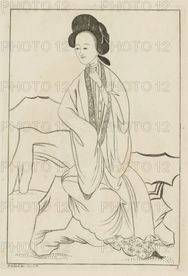 Chinese woman with her right hand in the sleeve of her kimono, Chinese women, flowers and birds, print, album page, ornamental print, Series number, 3, 12, Print is part of an album., printmaker: Pieter Schenk (II) (possibly), Amsterdam, after print by anonymous (possibly), 1727 - 1775, unknown, after print by, grantor of privilege, paper, etching, height 242 mm x width 169 mm, Chinese (women), A seated figure in traditional robes is shown in a linear ink drawing, with hair styled in a high, rounded arrangement and a hairpin visible, a calm facial expression, and one hand raised toward the throat while the other rests on the lap; the robes feature flowing sleeves and patterned inner panels, and the figure sits on layered, draped fabric and stylized rock forms within a rectangular border on a light background.