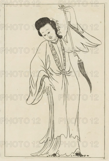 Standing Chinese woman with attribute in left hand, Chinese women, flowers and birds, print, album page, ornamental print, Series number, 4, 12, Print is part of an album., printmaker: Pieter Schenk (II) (possibly), Amsterdam, after print by anonymous (possibly), 1727 - 1775, after print by, paper, etching, height 245 mm x width 170 mm, Chinese (women), A monochrome line drawing of a standing figure in flowing robes framed by a thin rectangular border, showing a stylized face with hair swept up and decorative elements at the hairline, a graceful tilted head and delicate facial features, long wide sleeves with patterned trim and draping folds, a long sash tied at the waist with a floral knot, one arm raised holding a slender rod from which hangs a tassel-like ornament, the other arm lowered with elongated fingers and fabric strands cascading toward the floor, the robe falling in layered curved hems and revealing pointed shoes beneath, all rendered with fine black outlines on a light, sl...