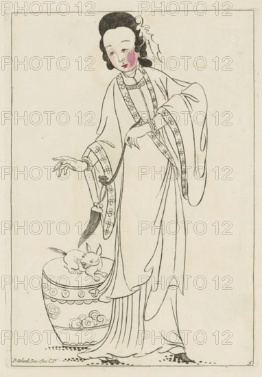 Standing Chinese woman in kimono with an animal, Chinese women, flowers and birds, print, album page, ornamental print, Series number, 5, 12, possibly a dog or rabbit. Print is part of an album., printmaker: Pieter Schenk (II) (possibly), Amsterdam, after print by anonymous (possibly), 1727 - 1775, unknown, after print by, grantor of privilege, paper, etching, hand coloring, etching hand-colored in red and pink, height 242 mm x width 170 mm, Chinese (women), A figure wearing a flowing robe with wide sleeves and floral trim stands with one hand extended and the other holding a cord attached to a tassel, the face shaded with blush and framed by dark hair adorned with a decorative ribbon; a small animal with pointed ears and a curled tail rests on a decorated round pedestal near the figure's feet, and the scene is rendered in delicate line work on a pale background.