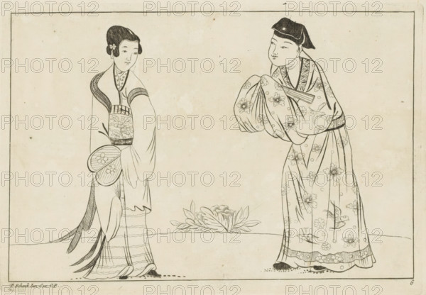 Chinese woman and man, Chinese women, flowers and birds, print, album page, ornamental print, Series number, 6, 12, Print is part of an album., printmaker: Pieter Schenk (II) (possibly), Amsterdam, after print by anonymous (possibly), 1727 - 1775, unknown, after print by, grantor of privilege, paper, etching, height 167 mm x width 244 mm, Chinese, fan, A monochrome ink drawing of two figures facing each other on a plain background framed by a thin border, one figure wearing a long patterned robe with floral and bird motifs and a dark cap, the other wearing layered garments with striped and floral panels and holding a round fan, both showing simple facial features and stylized hair, a large flower with leaves between them near the ground, and minimal ground lines beneath their feet.