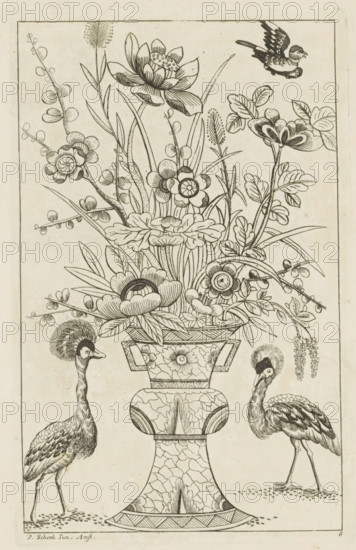 Flower vase flanked by birds, Chinese women, flowers and birds, print, album page, ornamental print, Series number, 8, 12, Print is part of an album., printmaker: Pieter Schenk (II) (possibly), Amsterdam, after print by anonymous (possibly), 1727 - 1775, after print by, paper, etching, height 255 mm x width 161 mm, birds, Chinese, flowers in a vase, A tall ornate vase filled with various stylized flowers and long leaves sits centered in the image, the vase decorated with floral and geometric patterns and a crackled texture. The floral arrangement includes large layered blossoms, round petaled flowers, elongated seed heads, clusters of small round buds on thin stems, and broad leaves, all rendered in fine black linework. Two long-legged birds with crested heads flank the vase, one on each side, showing detailed feather patterns on their bodies and slender necks and legs. A small bird in flight appears near the top right, wings spread and beak open, and fine border lines frame the entire...