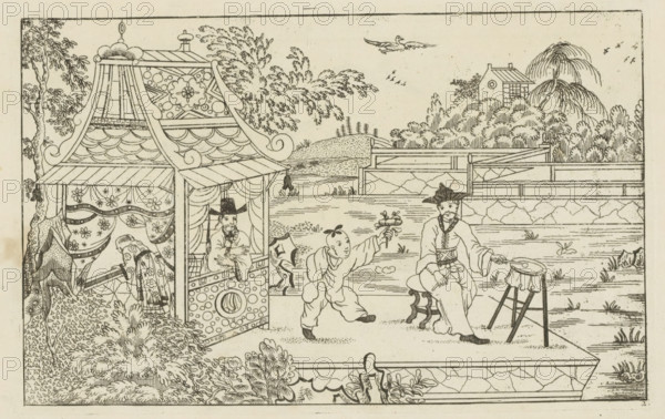 Chinese drummer on a platform in a landscape, Newly invented Chinese, drawn with great difficulty and brought into the light, by P: Schenk Jun, first part, print, album page, ornamental print, Series number, 2, 24, A Chinese man beats a drum or gong on a platform in a landscape. Next to them a small boy with flowers. On the left two figures under a canopy. Print is part of an album., printmaker: Pieter Schenk (II), Amsterdam, 1727 - 1775, paper, etching, height 166 mm x width 265 mm, landscapes in the temperate zone, Chinese, drum (musical instrument) - CC - out of doors, A detailed ink drawing shows an ornate pavilion with a patterned roof and scalloped eaves, draped curtains decorated with floral motifs, and a seated figure wearing a tall hat visible inside the pavilion. Outside, a young person in loose clothing reaches forward offering a small object toward an older seated man who wears flowing robes, a wide-brimmed hat, and a sash, and who rests one hand on a small drum set on a st...