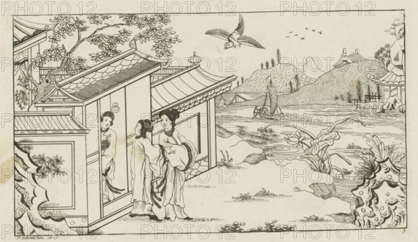 Landscape with three Chinese women at the doorway of a house, Newly invented Chinese, drawn with great difficulty and brought into the light, by P: Schenk Jun, first part, print, album page, ornamental print, Series number, 3, 24, Landscape with three Chinese women at the doorway of a house. On the right a river with a sailing ship and a lotus flower on the bank. Print is part of an album., printmaker: Pieter Schenk (II), Amsterdam, 1727 - 1775, paper, etching, height 146 mm x width 255 mm, landscapes in the temperate zone, river, Chinese (women), A black and white line drawing shows a pavilion with curved tiled roofs and decorative eaves beside a body of water, a tree with leaves extending over the roof, and three women in flowing robes near the pavilion doorway, two standing outside facing each other and one leaning from inside the building; a bird is flying above the water where a small sailboat drifts, hills with vegetation rise in the background, and foreground plants and rocks ed...
