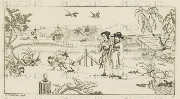 Landscape with spectators at a cockfight, Newly invented Chinese, drawn with great difficulty and published, by P: Schenk Jun, first part, print, album page, ornamental print, Series number, 5, 24, A Chinese man and woman look at three roosters. A crouching figure holds one of the roosters. Two birds in the air. Print is part of an album., printmaker: Pieter Schenk (II), Amsterdam, 1727 - 1775, paper, etching, height 145 mm x width 275 mm, landscapes in the temperate zone, Chinese, cock-fighting, A horizontal ink drawing shows a riverbank scene with two people standing together in traditional robes near a simple wooden railing, a man wearing a hat and a woman with an ornate hair arrangement and patterned clothing gesturing with her hands; nearby a crouching figure wearing a conical hat tends to a rooster while additional roosters peck at the ground; a winding path leads past a small pavilion and a distant multi-tiered building on a hill, with birds flying overhead; trees with detailed ...