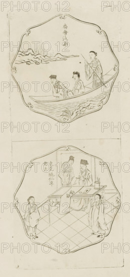 Boating in a flat boat on the lake, Fan Ch'un-jen of the Sung dynasty whose name of majority is Yao-t'ien, Picturae Sinicae Ac Surattenae, Vasis Tabellisque exhibitae, Admiranda, colligente Petro Schenkio cum privil: Amstelaed: 1702, print, album page, ornamental print, Series number, 3, 12, Print is part of an album., printmaker: Pieter Schenk (I), Amsterdam, after print by anonymous, 1702, after print by, paper, etching, height 272 mm x width 115 mm, Chinese, rowing facing forward, pushing, A vertical sheet with two framed scenes drawn in thin black lines on a light background, the upper scene shows a boat on water with stylized waves and a shoreline with low hills in the distance, three figures occupy the boat: one standing at the stern holding a long pole and wearing a flowing patterned robe, two seated figures facing forward with simple robes and hair arranged in traditional styles, the scene is enclosed in an ornate rounded frame with decorative corner motifs. The lower scene dep...