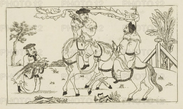 Chinese landscape with two horsemen, Newly invented Chinese, drawn with great difficulty and brought to light, by P: Schenk Jun, first part, print, album page, ornamental print, Series number, 7, 24, Two horsemen, the man on the left with a bird on his hand, the man on the right with a banner. On the left a kneeling man with two birds in his arms. Print is part of an album., printmaker: Pieter Schenk (II), Amsterdam, 1727 - 1775, paper, etching, height 146 mm x width 254 mm, Chinese, riding a horse, ass, or mule, rider, horseman, fowling, fowler, A black ink line drawing shows three men and two horses in a framed scene. One man kneels on the left holding a long-tailed bird; he wears a rounded hat and a robe with wide sleeves. In the center a mounted man in a fur-trimmed garment and a rounded hat holds a bird on his gloved hand while sitting astride a horse with a decorated bridle. To the right a bearded man in a fur-trimmed coat and a rounded hat rides a second horse and gestures with ...