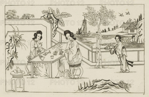 Landscape with two Chinese women playing a card game, New invented Chinese, drawn with great difficulty and brought into the light, by P: Schenk Jun, first part, print, album page, ornamental print, Series number, 8, 24, Landscape with two Chinese women playing a card game. On the right a woman with a loaded tray. On the left a table on which an animal lies. Print is part of an album., printmaker: Pieter Schenk (II), Amsterdam, 1727 - 1775, paper, etching, height 165 mm x width 262 mm, landscapes in the temperate zone, playing-cards, Chinese (women), A black and white line drawing shows an outdoor scene with two seated women at a rectangular table playing a card game, one woman reaching toward the cards and the other holding a small object, both wearing flowing robes and seated on stools. To the right, a standing woman in similar attire holds a shallow tray of round objects and stands by a railing overlooking rippling water. A boat with a tall sail and small figures is on the water in ...
